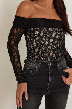 Rebellious Fashion Black Contrast Lace Bandeau Bodysuit - Betania