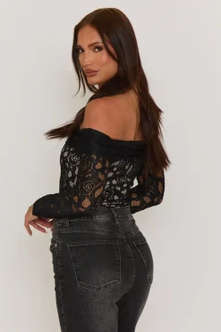 Rebellious Fashion Black Contrast Lace Bandeau Bodysuit - Betania