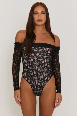 Rebellious Fashion Black Contrast Lace Bandeau Bodysuit - Betania