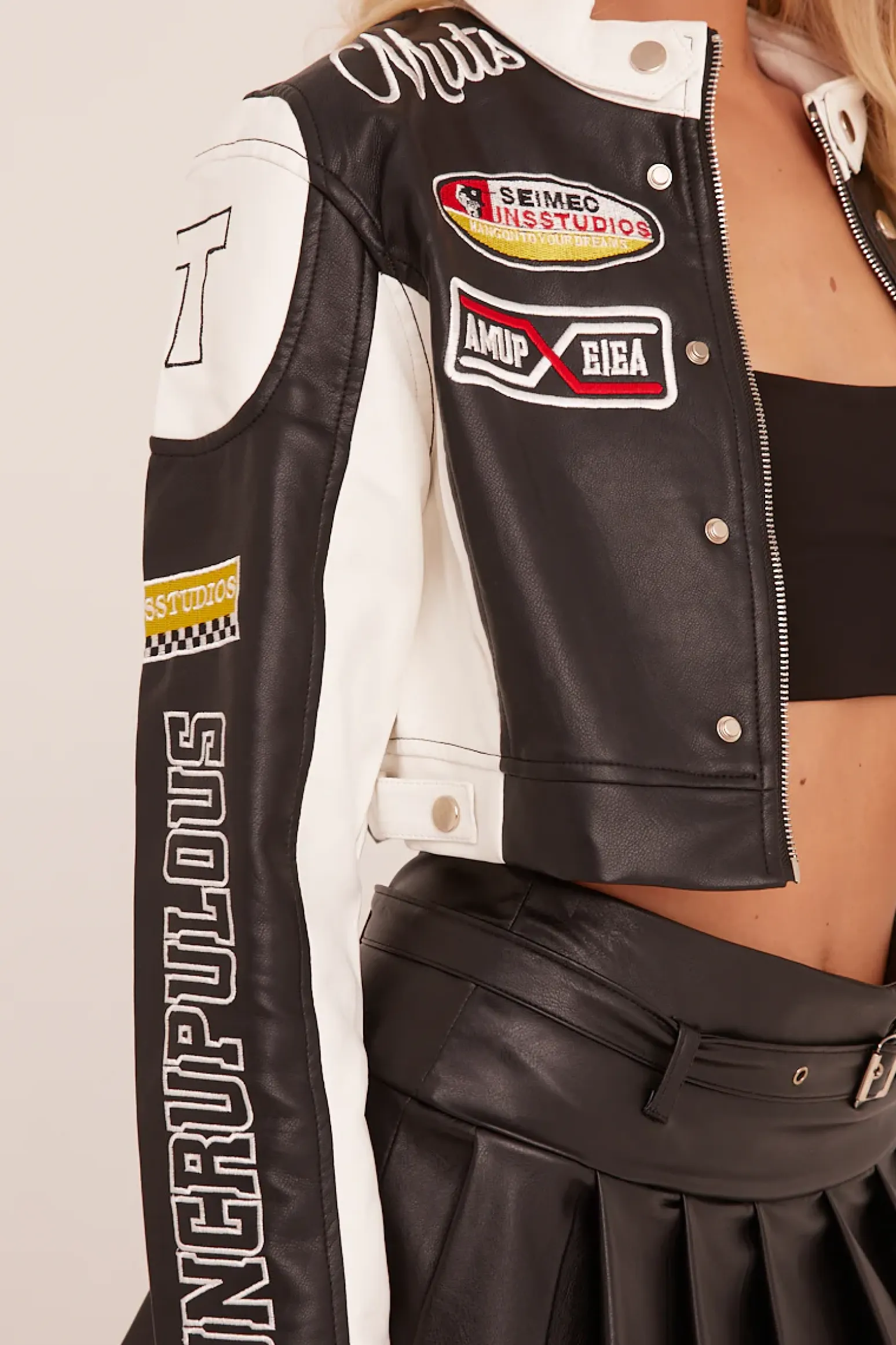 Rebellious Fashion Black Contrast Panel Faux Leather Motocross Jacket - Joylyn