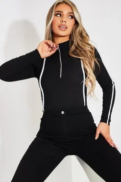 Rebellious Fashion Black Contrast Piping Zip Front Bodysuit - Betsy