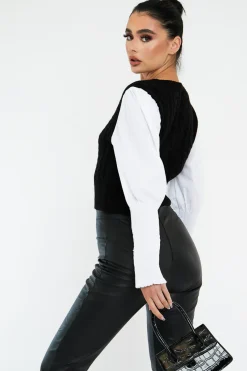 Rebellious Fashion Black Contrast Sleeves Knitted Top - Mckaela