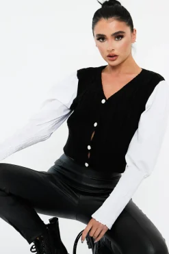 Rebellious Fashion Black Contrast Sleeves Knitted Top - Mckaela