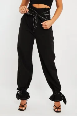 Rebellious Fashion Black Contrast Stitch Ankle Tie Trousers - Neyla