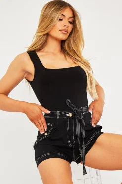 Rebellious Fashion Black Contrast Stitch Belted Shorts - Michella
