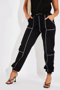 Rebellious Fashion Black Contrast Stitch Cargo Trousers - Britanny