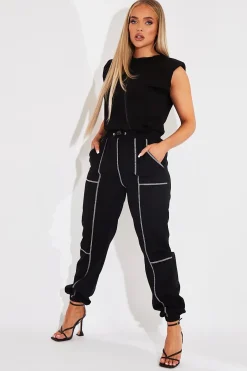 Rebellious Fashion Black Contrast Stitch Cargo Trousers - Britanny