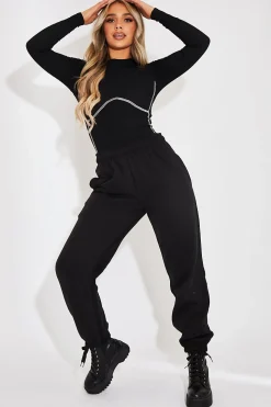 Rebellious Fashion Black Contrast Stitch Corset Detail Bodysuit - Adisa