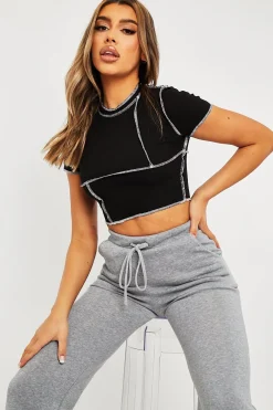 Rebellious Fashion Black Contrast Stitch Cropped Top - Elna
