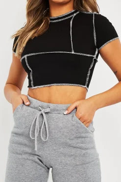 Rebellious Fashion Black Contrast Stitch Cropped Top - Elna