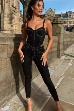 Rebellious Fashion Black Contrast Stitch Denim Bodysuit - Jamelia
