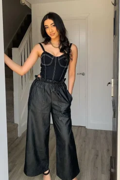 Rebellious Fashion Black Contrast Stitch Denim Bodysuit - Jamelia