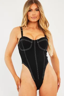 Rebellious Fashion Black Contrast Stitch Denim Bodysuit - Jamelia