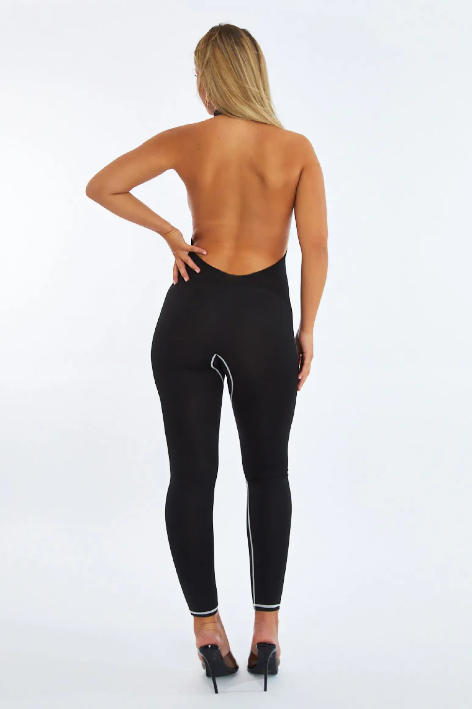 Rebellious Fashion Black Contrast Stitch Detail Halter Neck Jumpsuit - Amy