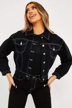 Rebellious Fashion Black Contrast Stitch Elasticated Hem Denim Jacket - Danalee
