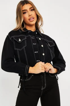 Rebellious Fashion Black Contrast Stitch Elasticated Hem Denim Jacket - Danalee