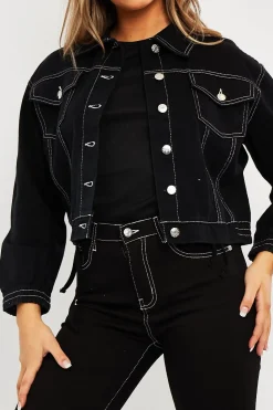 Rebellious Fashion Black Contrast Stitch Elasticated Hem Denim Jacket - Danalee