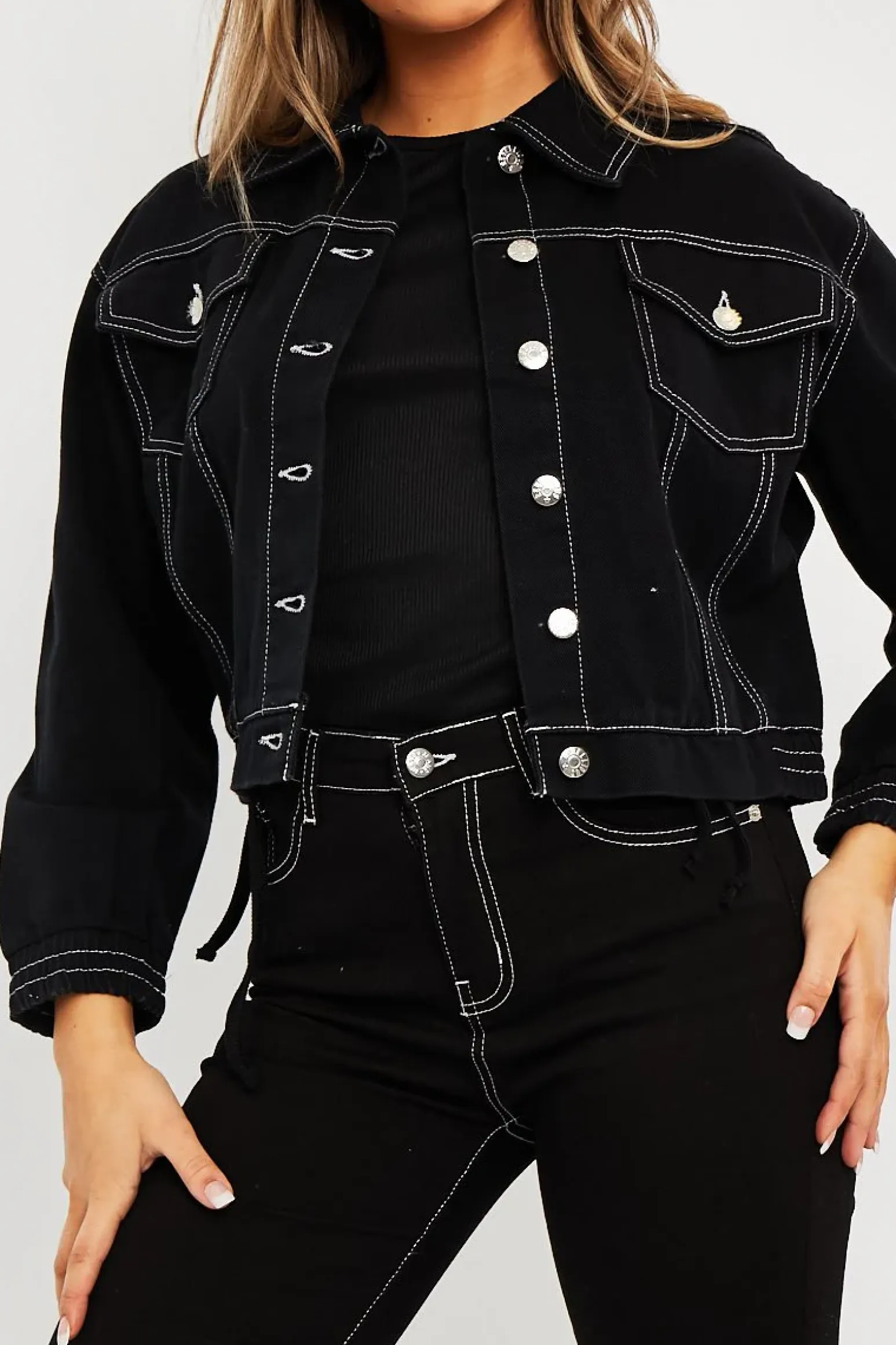 Rebellious Fashion Black Contrast Stitch Elasticated Hem Denim Jacket - Danalee