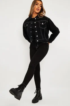 Rebellious Fashion Black Contrast Stitch Elasticated Hem Denim Jacket - Danalee
