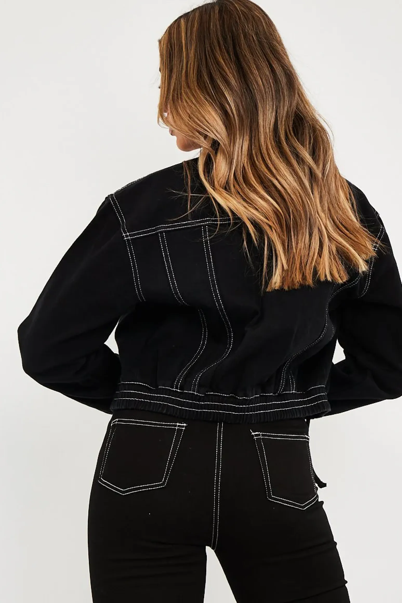 Rebellious Fashion Black Contrast Stitch Elasticated Hem Denim Jacket - Danalee