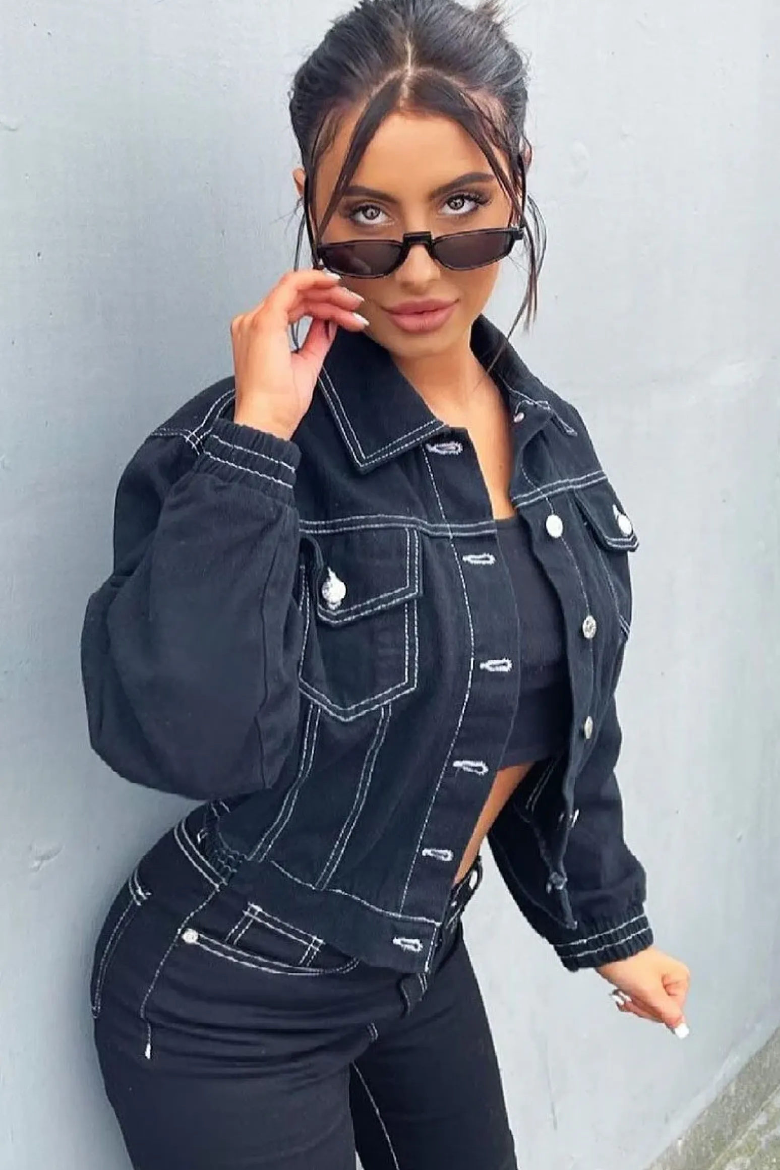 Rebellious Fashion Black Contrast Stitch Elasticated Hem Denim Jacket - Danalee