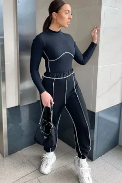 Rebellious Fashion Black Contrast Stitch Joggers - Roaa