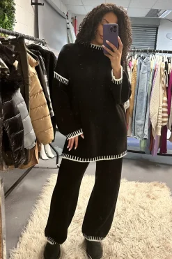 Rebellious Fashion Black Contrast Stitch Knitted Co-ord Set - Storm