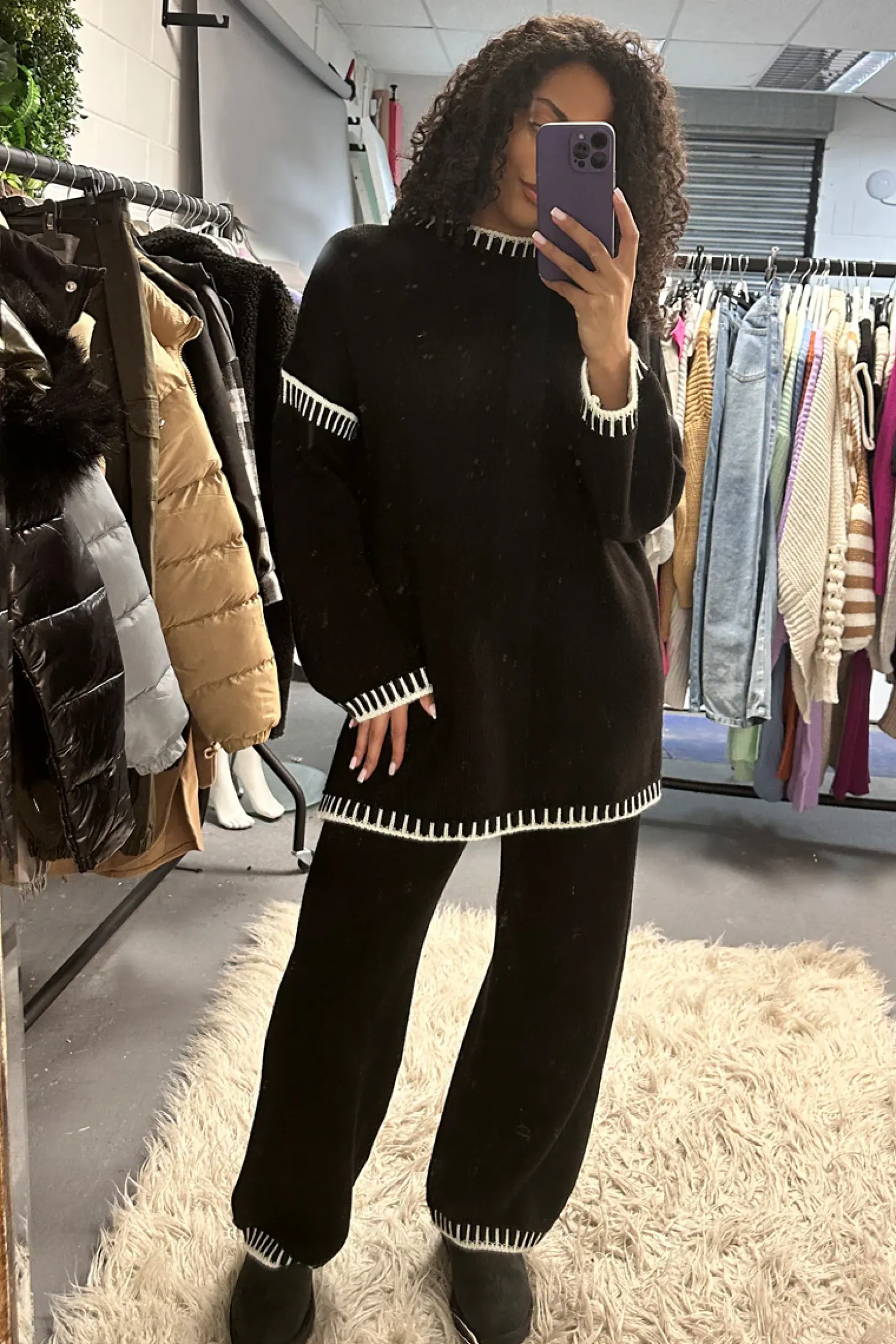 Rebellious Fashion Black Contrast Stitch Knitted Co-ord Set - Storm