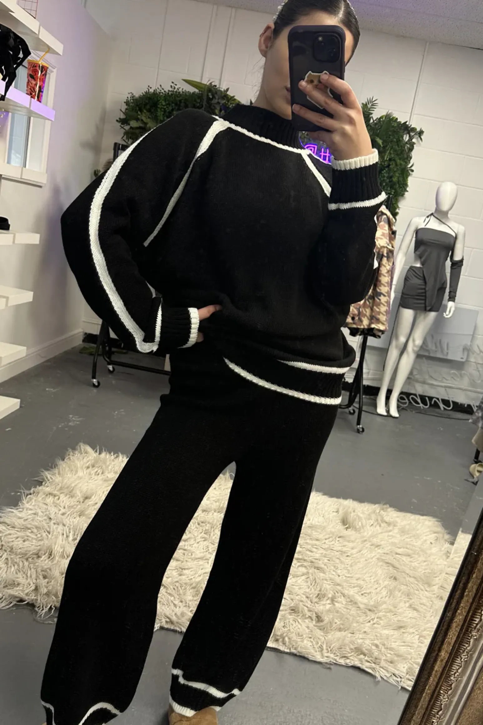 Rebellious Fashion Black Contrast Stitch knitted Co-ord Set - Lennon