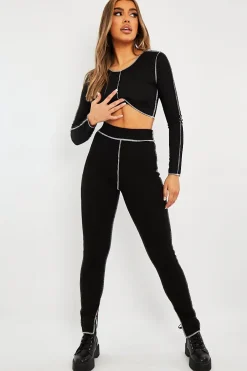 Rebellious Fashion Black Contrast Stitch Split Hem Leggings - Ria