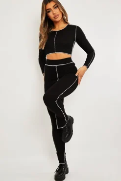Rebellious Fashion Black Contrast Stitch Split Hem Leggings - Ria