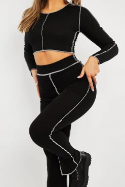 Rebellious Fashion Black Contrast Stitch Split Hem Leggings - Ria