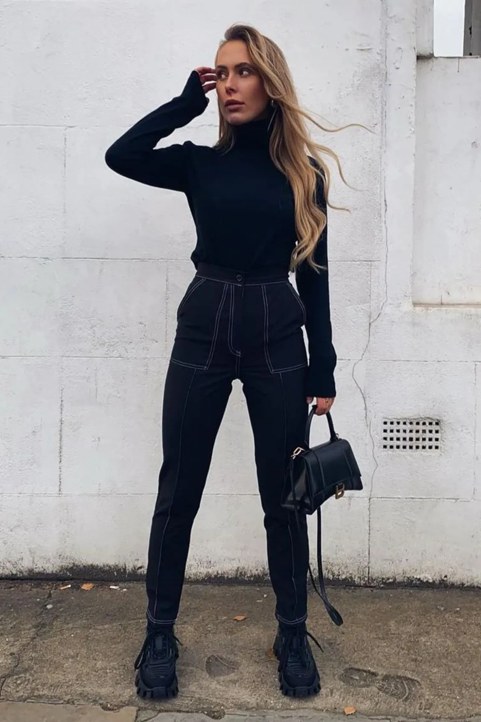 Rebellious Fashion Black Contrast Stitch Straight Leg Trouser - Ezri