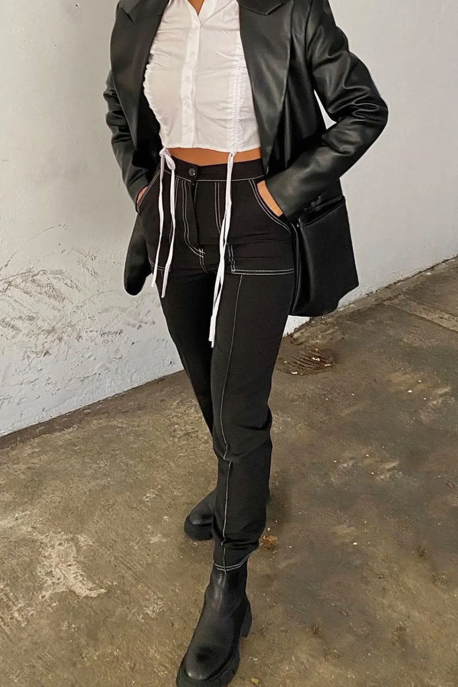 Rebellious Fashion Black Contrast Stitch Straight Leg Trouser - Ezri