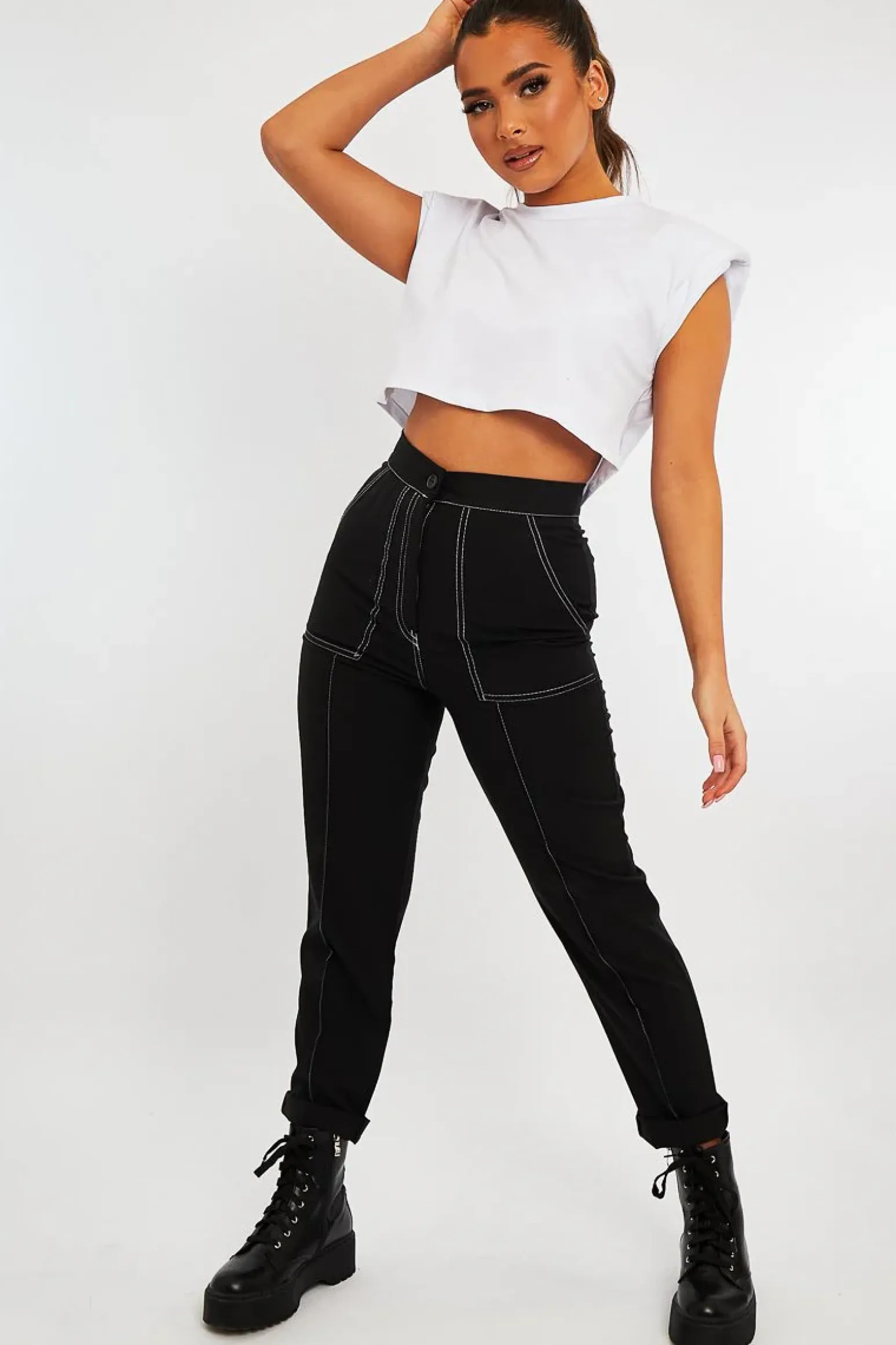 Rebellious Fashion Black Contrast Stitch Straight Leg Trouser - Ezri