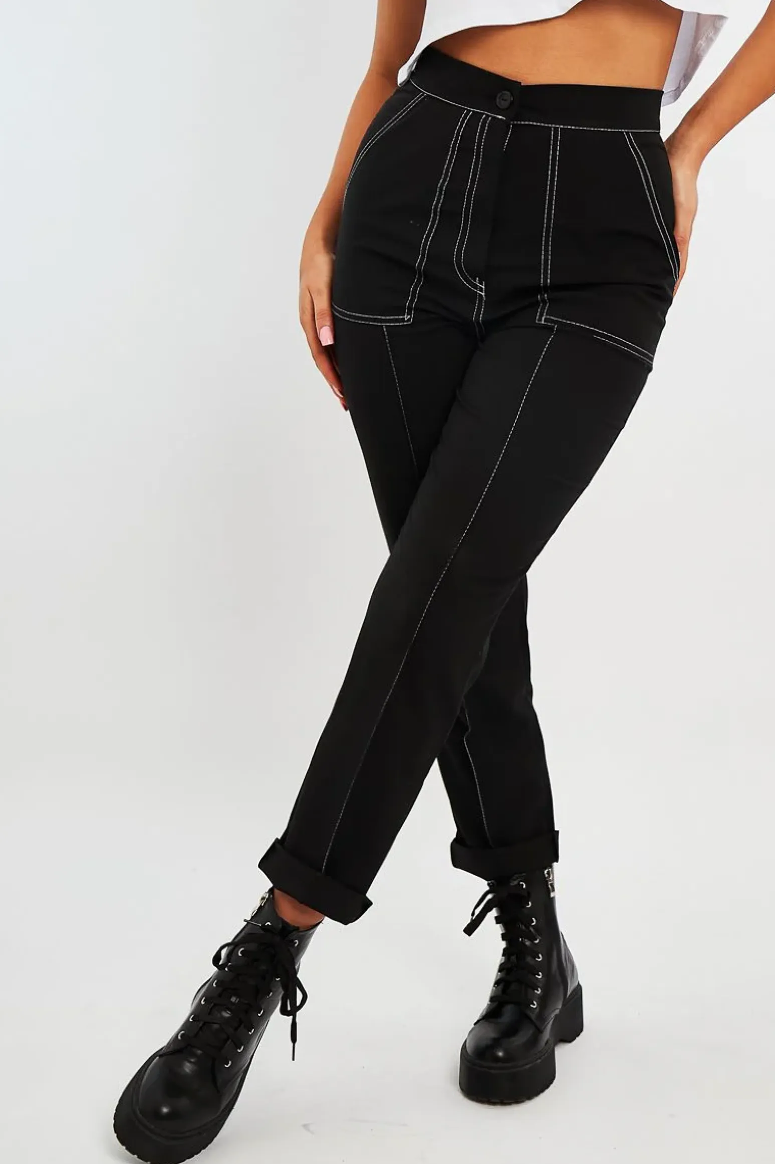 Rebellious Fashion Black Contrast Stitch Straight Leg Trouser - Ezri