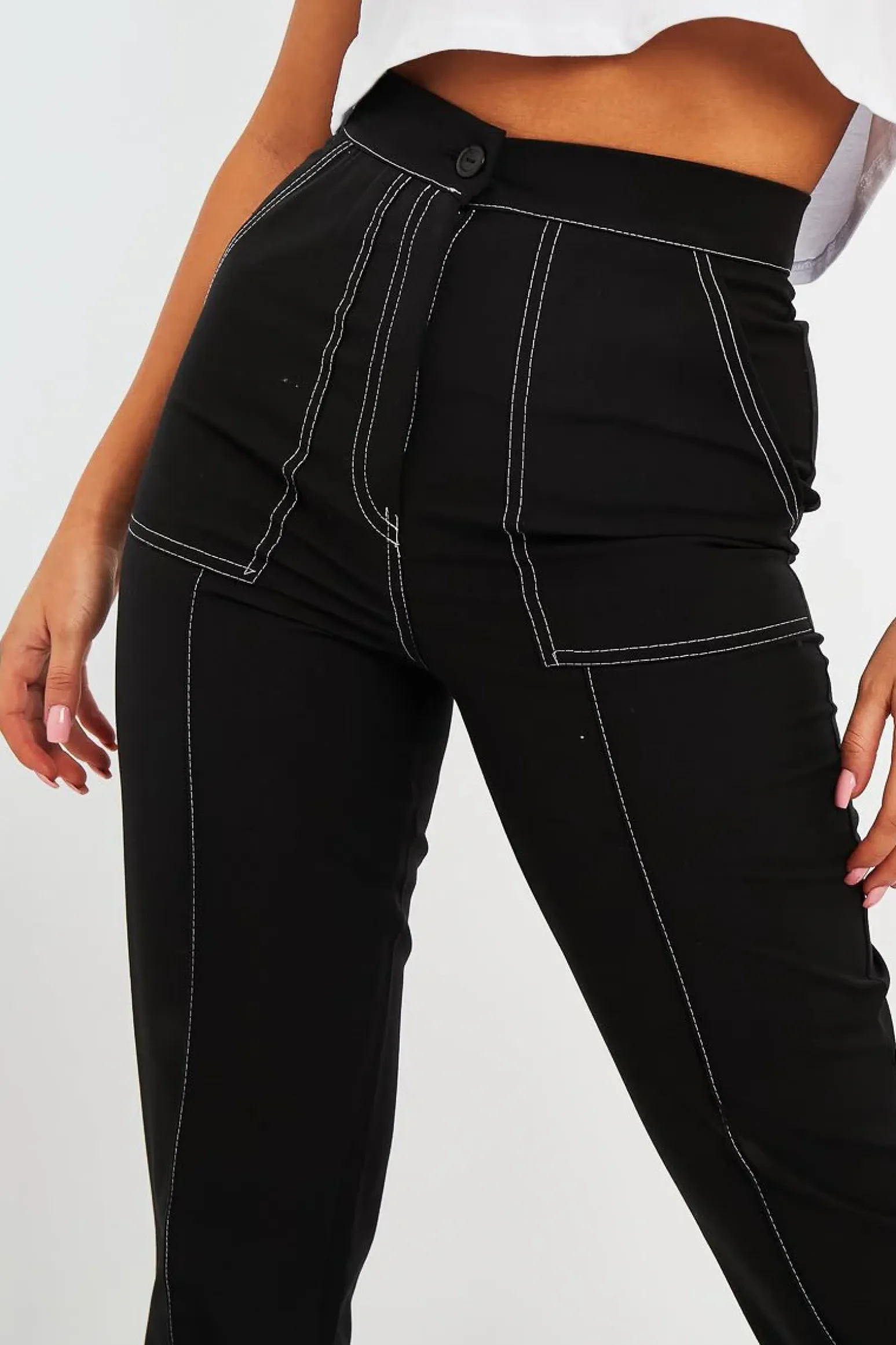 Rebellious Fashion Black Contrast Stitch Straight Leg Trouser - Ezri