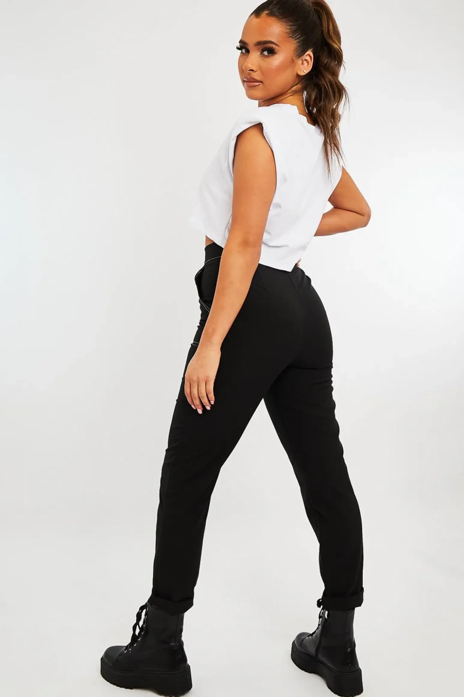 Rebellious Fashion Black Contrast Stitch Straight Leg Trouser - Ezri