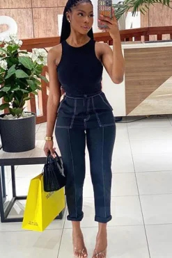 Rebellious Fashion Black Contrast Stitch Straight Leg Trouser - Ezri