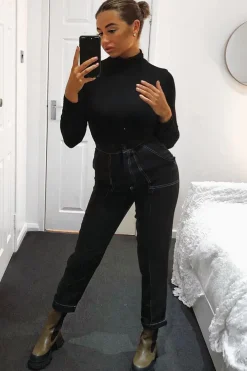 Rebellious Fashion Black Contrast Stitch Straight Leg Trouser - Ezri