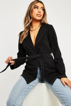 Rebellious Fashion Black Contrast Stitch Waist Belt Blazer - Maya