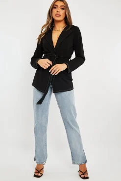 Rebellious Fashion Black Contrast Stitch Waist Belt Blazer - Maya