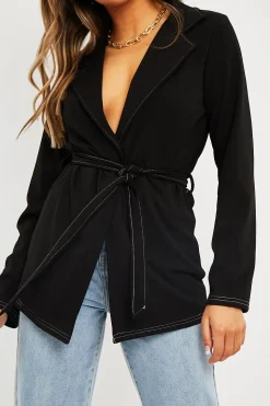 Rebellious Fashion Black Contrast Stitch Waist Belt Blazer - Maya