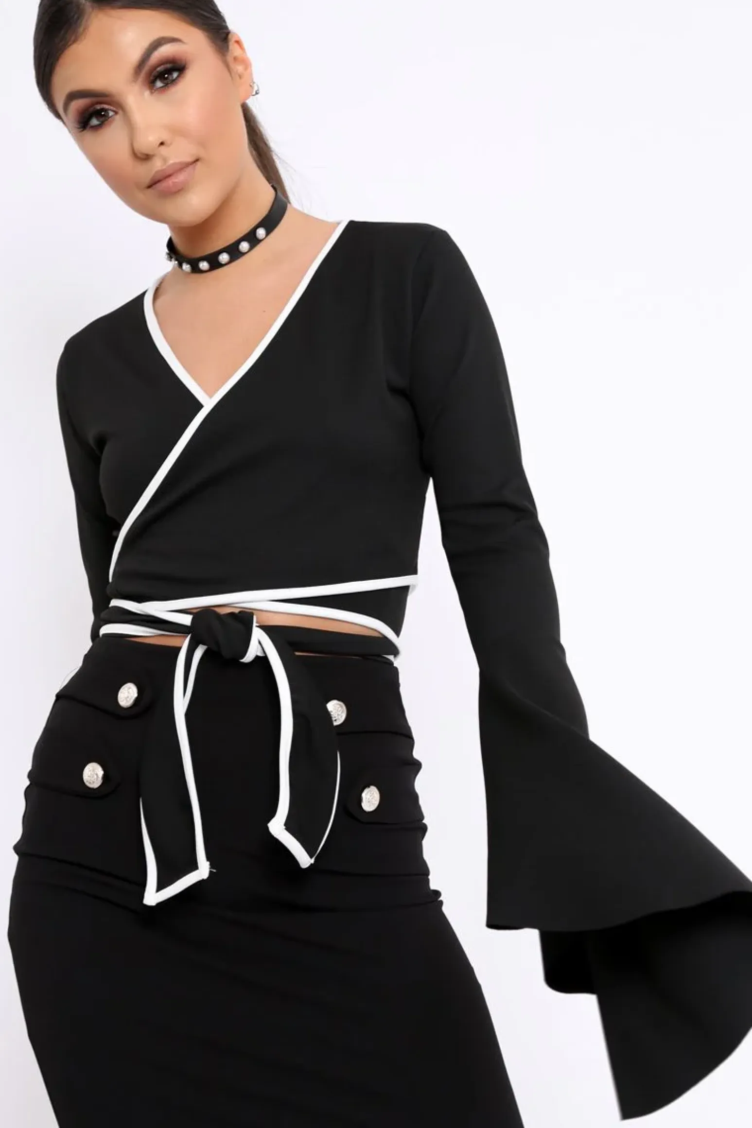 Rebellious Fashion Black Contrast Trim Tie Front Crop Top - Jaxy