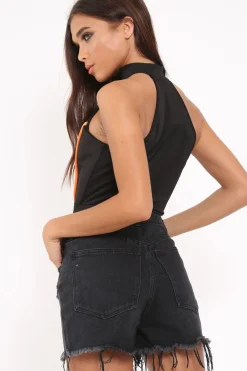 Rebellious Fashion Black Contrast Zip Front Bodysuit - Odine