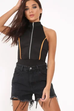 Rebellious Fashion Black Contrast Zip Front Bodysuit - Odine