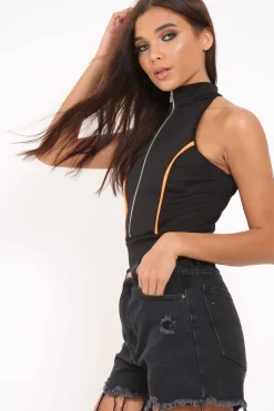 Rebellious Fashion Black Contrast Zip Front Bodysuit - Odine