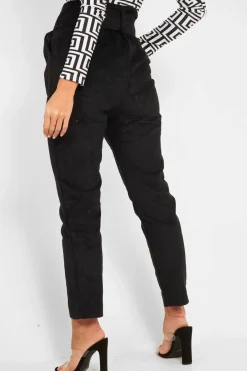 Rebellious Fashion Black Corduroy Belted Tapered Trousers - Janelle