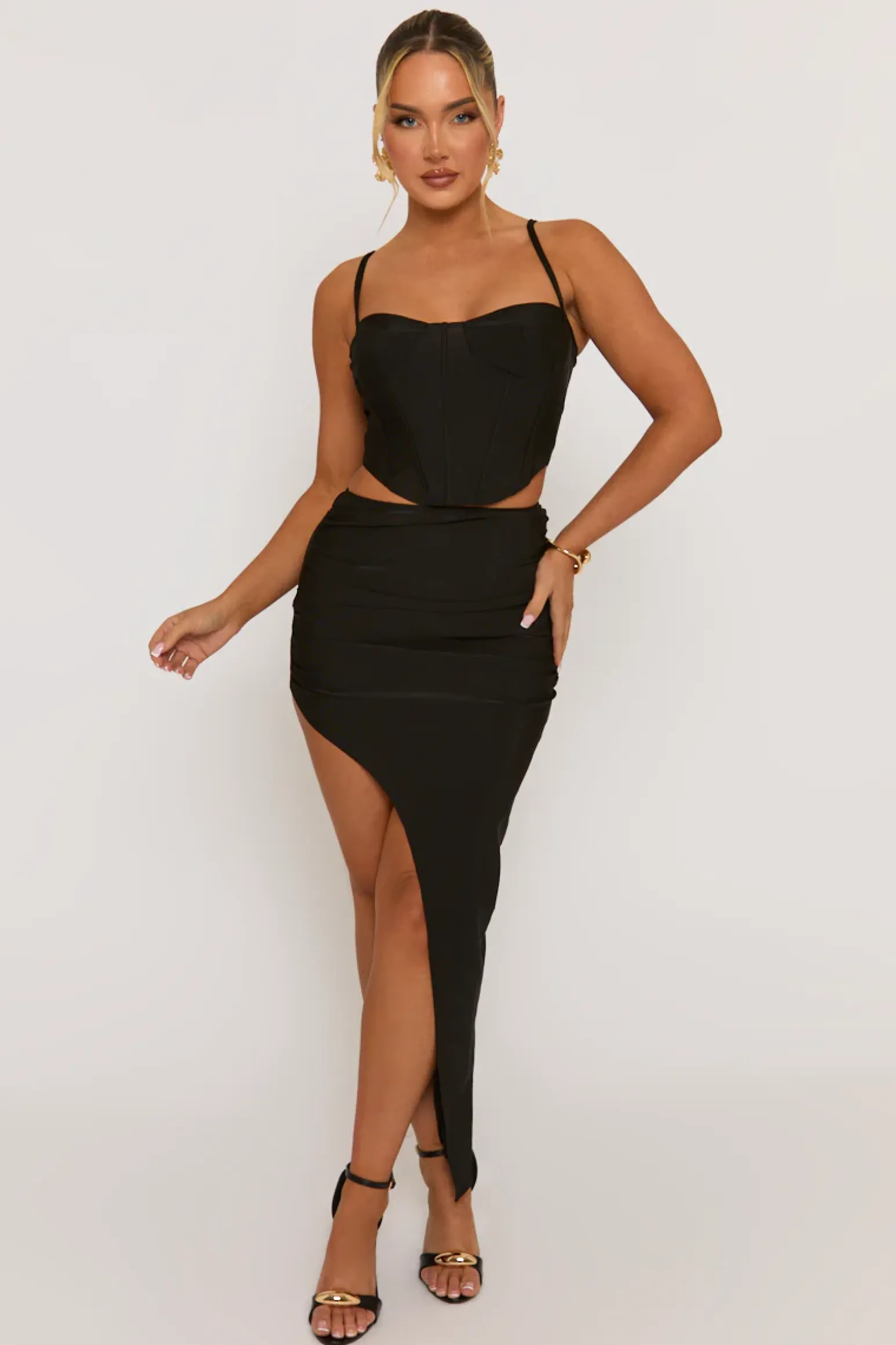 Rebellious Fashion Black Corset and Asymmetric Skirt Co-ord Set - Polina