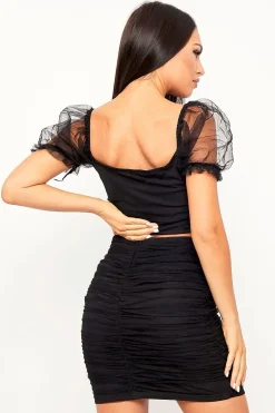 Rebellious Fashion Black Corset Bardot Crop Top + Mini Skirt Co-ord - Taira